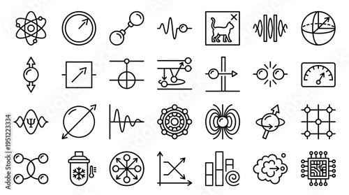 Quantum Physics and Mechanics Line Icon Set