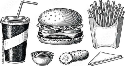 Vintage engraving fast food illustration set with burger, fries, soda drink, sauce and pickles