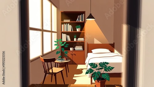 Cozy Room Illustration - Sunlight, Bookshelf, and Indoor Plants.