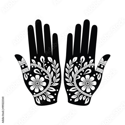 Intricate henna-inspired black and white patterned gloves design isolated on white background, Vector, illustration