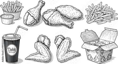 Vintage engraving fast food illustration set with fried chicken, fries, soda drink and takeaway box