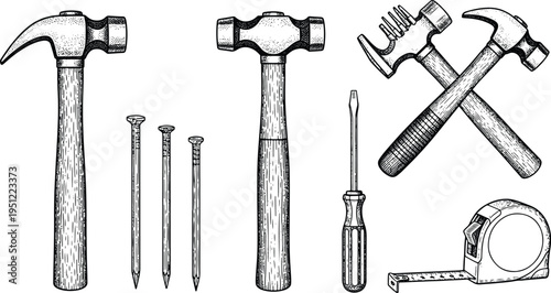 Vintage engraving hand tools illustration set with hammer, nails, screwdriver and measuring tape