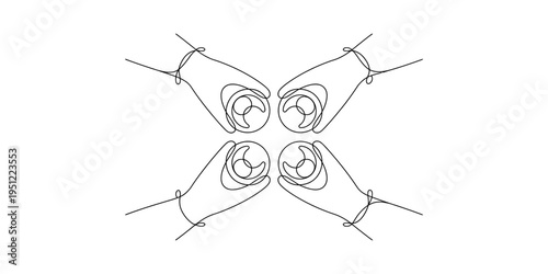Continuous line drawing of four hands clinking glasses in a toast for celebration.