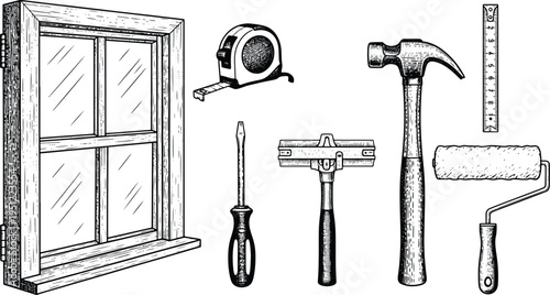 Vintage engraving window repair illustration set with frame, hammer, screwdriver, roller and measuring tools