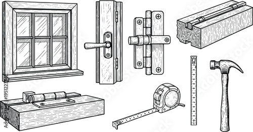 Vintage engraving carpentry hardware illustration set with window, door lock, hinges, hammer and measuring tools