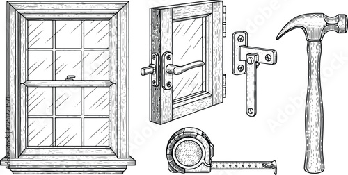 Vintage engraving window and hardware illustration set with frame, handle, hinge, hammer and measuring tape