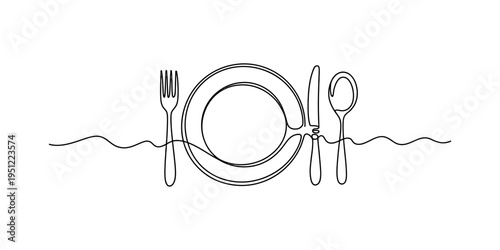 Continuous line drawing of a dinner plate with fork knife and spoon on white background