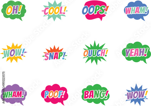 Comic speech bubbles action words pop art style icons