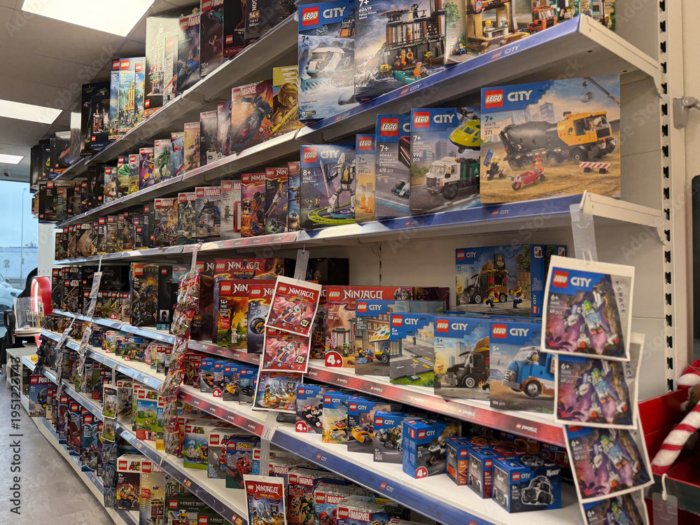 Fototapeta premium Lego sets displayed on toy store shelves