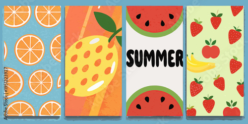 Colorful summer fruit patterns arranged in a four panel display