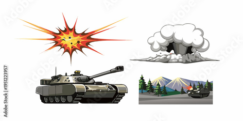 Military scene featuring a tank explosion mountains and forest fire