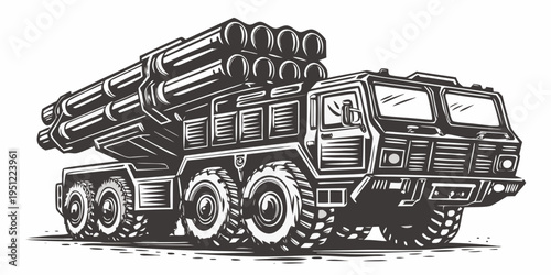 Detailed illustration of a military rocket launcher vehicle in black and white