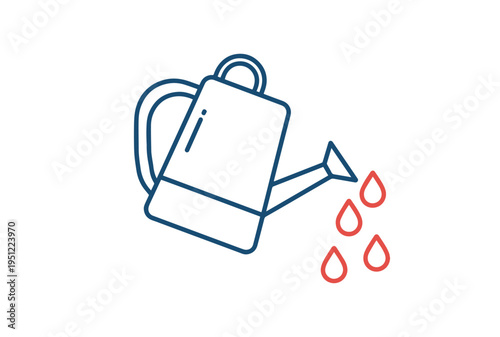 Simple graphic illustration of a blue watering can with red water drops flowing from its spout
