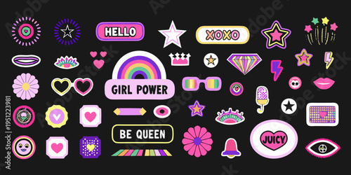 Colorful collection of playful stickers with hearts stars and empowering phrases