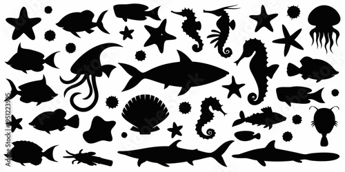 Collection of black silhouettes depicting various marine life and sea creatures