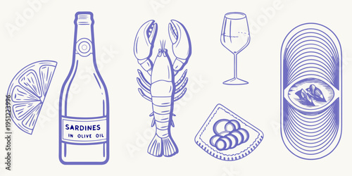 Sketch of gourmet foods including lobster champagne and sardines