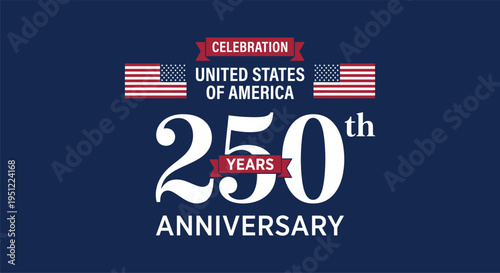 Usa 250th anniversary celebration logo with american flags on blue background