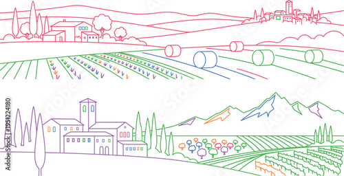 Tuscan landscape line art vineyards farmhouses rolling hills illustration