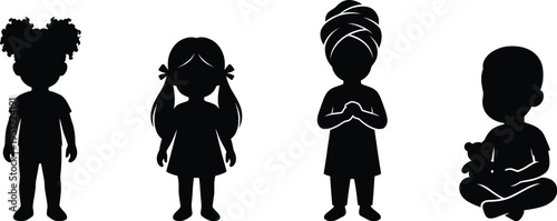 Children silhouettes diverse kids poses childhood figures collection