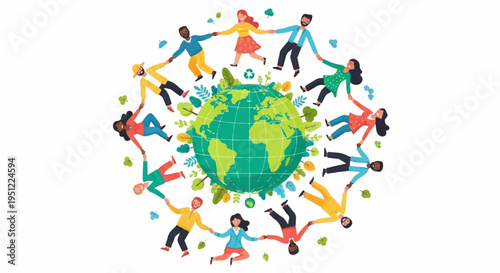 Diverse people holding hands around the earth symbolizing global unity and friendship in a colorful illustration