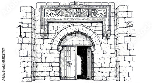 Ancient Stone Gate with Lion Reliefs and Archway - Architectural Drawing