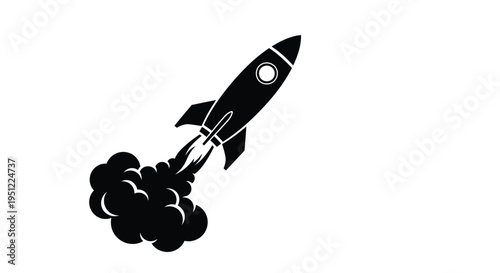 A black rocket launches with fiery exhaust a striking silhouette