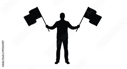 A person triumphantly waving two flags with outstretched arms silhouette