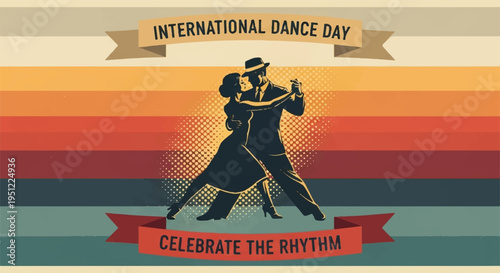 Vintage dance illustration of tango couple celebrating international dance day with colorful sunset background