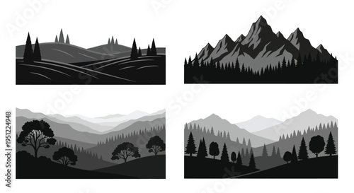 Four monochromatic landscape panels showcasing mountainous terrain silhouette