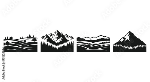 Four black and white mountain landscapes presented as bold silhouettes