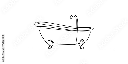 Single line art illustration of a vintage clawfoot bathtub with a faucet and elegant legs