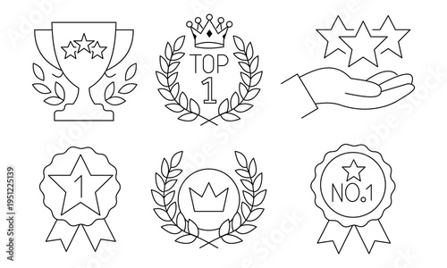 Number one success and prestigious award icon set. Features top 1 trophy, crown victory laurel, rising star reward, first place medal, and No.1 premium seal in thin line style.