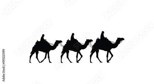 Three camels traverse a desert landscape depicted in stark silhouette