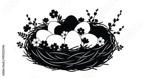 Foto A charming bird s nest filled with eggs and floral details silhouette