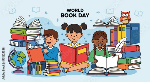Children celebrating world book day with books and reading glasses