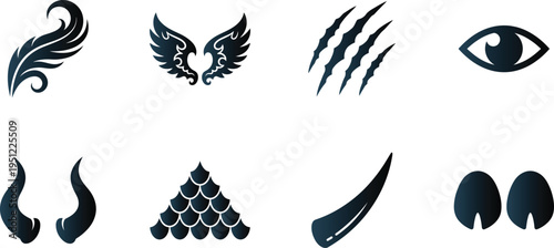 Fantasy creature elements wings horns claws eyes scales symbols