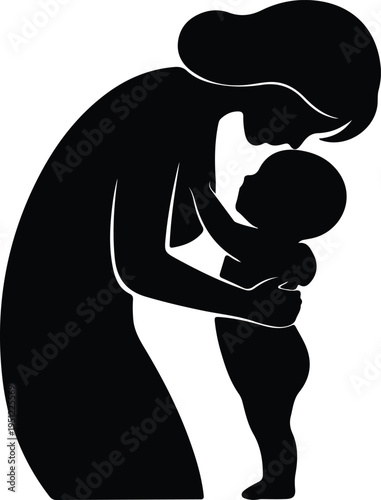 Silhouette loving mother hugging newborn baby child family bond vector design