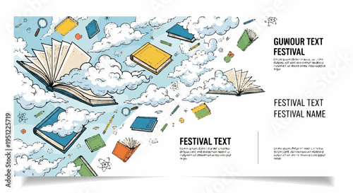 Floating books and devices in sky with clouds festival banner template with colorful illustrations
