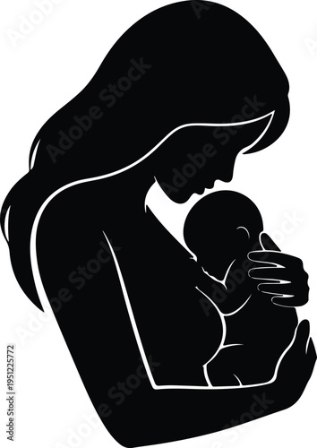Silhouette mother breastfeeding newborn baby with love and gentle care vector design