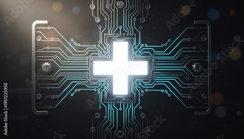 Digital circuit board with a glowing white plus sign at its core, symbolizing technology, data, innovation, and digital solutions with connections