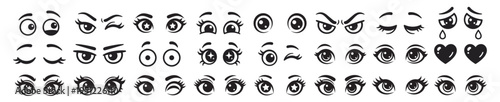 set of cartoon eye icons, emoji expressions and facial emotions, cute vector collection on transparent background
