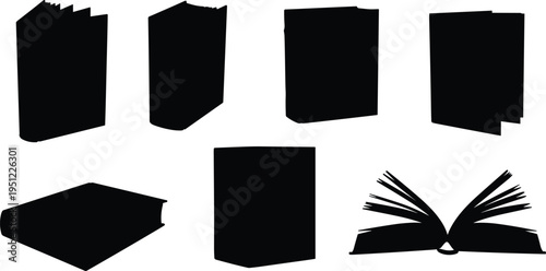 Black book silhouettes with upright, flat, and open positions, education literature icons, academic publishing design, library knowledge concept bundle