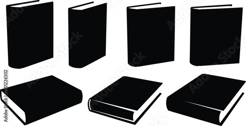 Black book silhouettes with upright and flat positions, open and closed icons, education literature design, academic publishing concept illustration bundle