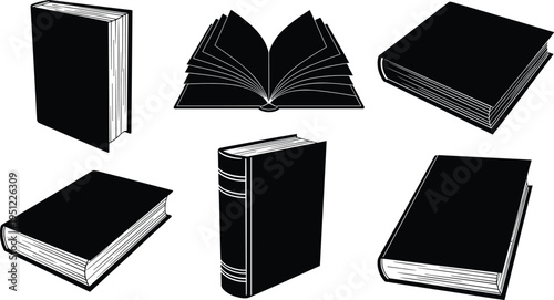 Black and white book silhouettes, upright and flat positions, open and closed icons, education literature design, academic publishing concept bundle