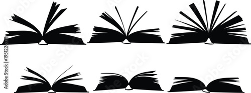 Black book silhouettes with dynamic open pages, education literature icons, academic publishing design, library knowledge concept, storytelling illustration bundle