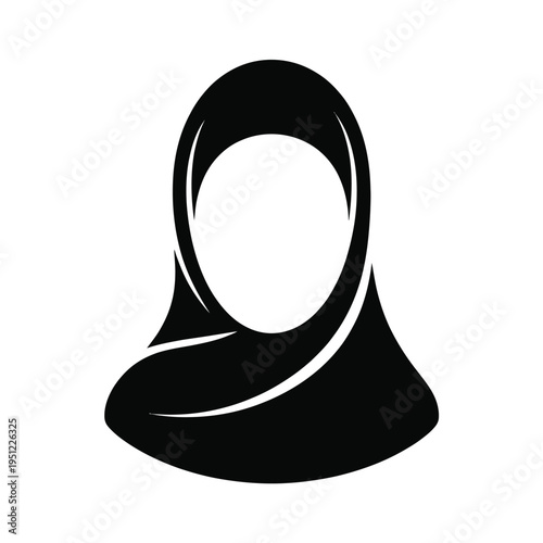 Black silhouette of a person wearing a hijab headscarf isolated on white background, Vector, illustration