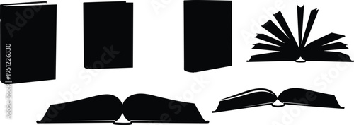 Black book silhouettes with upright and open positions, fanned pages illustration, education literature icons, academic publishing design, library knowledge bundle