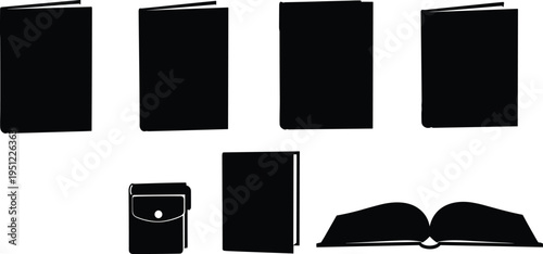 Black book silhouettes with upright, clasped, open, and angled positions, education literature icons, academic publishing design, library knowledge bundle