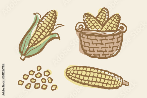 Corn elements set outline sketch vector illustration
