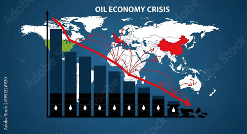 Oil Economy Crisis Visualized with Global Map and Declining Graph.